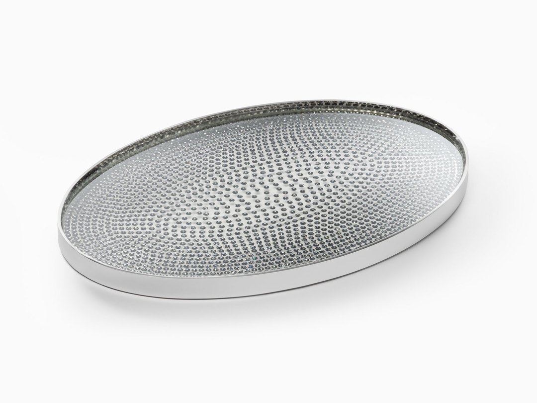 Cosmos elliptical tray made with L ASTRO laminated glass and Swarovski crystals